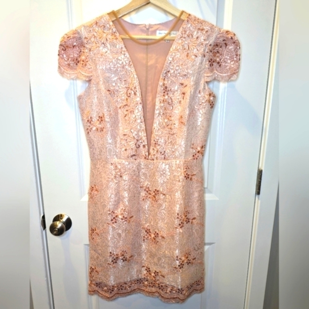 DRESS the Population Peach Lace Mini Dess Aline Cap Sleeve Sequins Size Medium